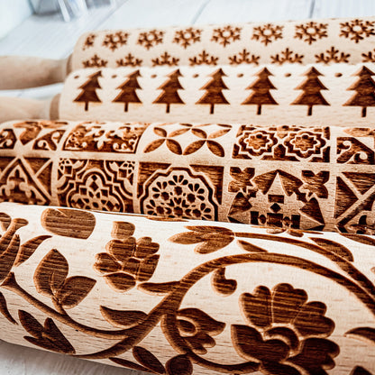 Boxed Rolling Pin Set - 5 Patterned Baking Pins, Kids Friendly, Wooden