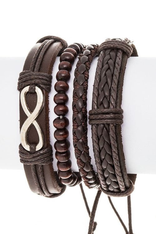 Brown Leather Infinity Bead Bracelet Set For Men Women
