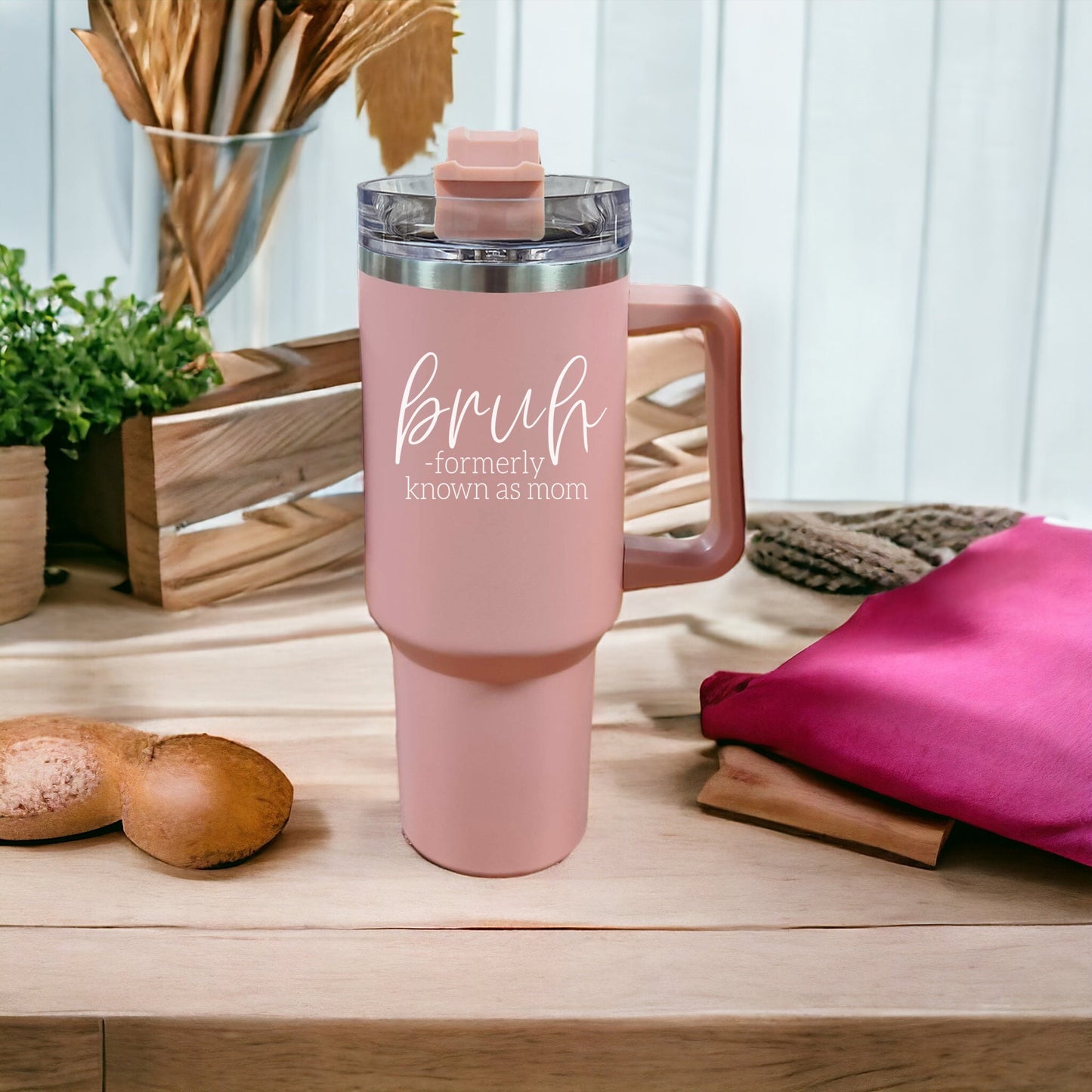 40oz Pink Insulated Tumbler With Handle, Lid and Straw, Funny Bruh Mom Cup