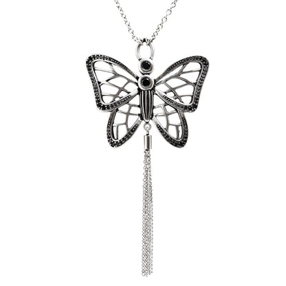 Butterfly Cubic Zirconia Tassel Pendant Necklace Silver