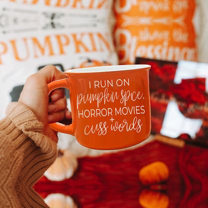 Pumpkin Horror Mug 14.5oz Orange Ceramic Campfire Dual-Sided White Text