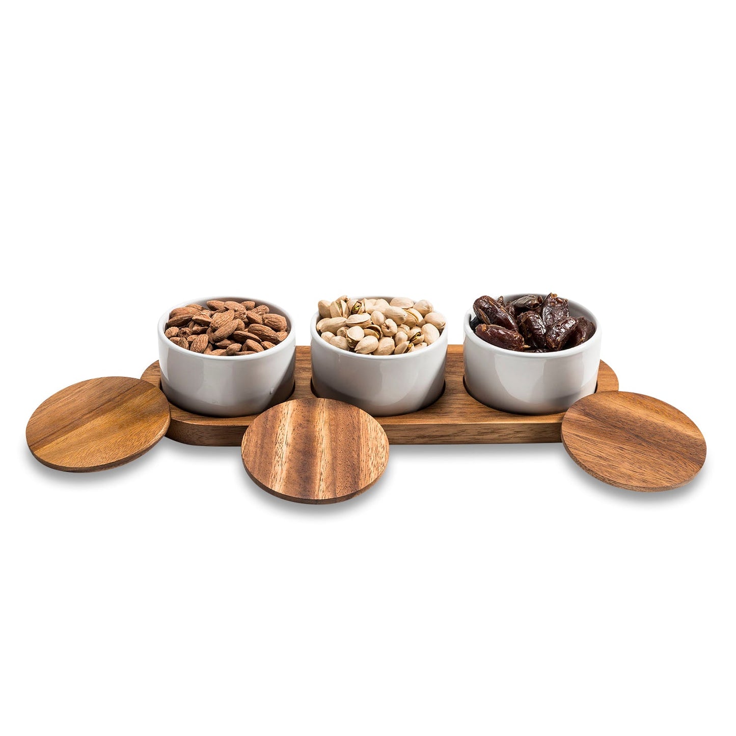 Ceramic Condiment Set With Acacia Wood Base 13in x 3.75in - 3 Bowls With Lids