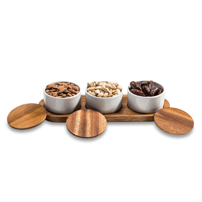 Ceramic Condiment Set With Acacia Wood Base 13in x 3.75in - 3 Bowls With Lids