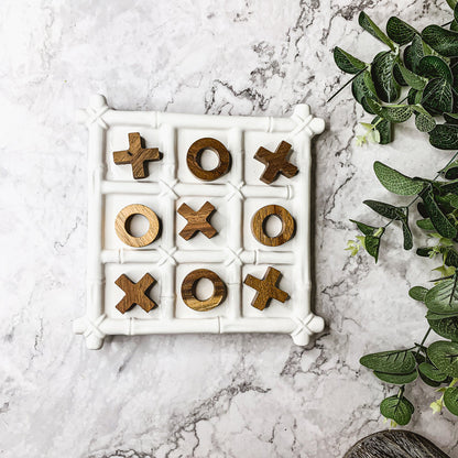 Ceramic Tic Tac Toe Game Faux Bamboo Board With Acacia Wood Pieces, Decor