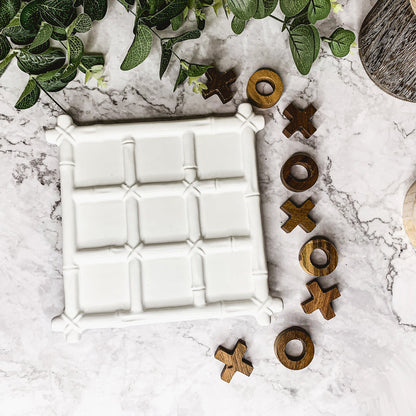 Ceramic Tic Tac Toe Game Faux Bamboo Board With Acacia Wood Pieces, Decor