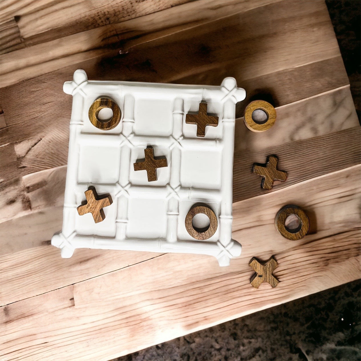 Ceramic Tic Tac Toe Game Faux Bamboo Board With Acacia Wood Pieces, Decor
