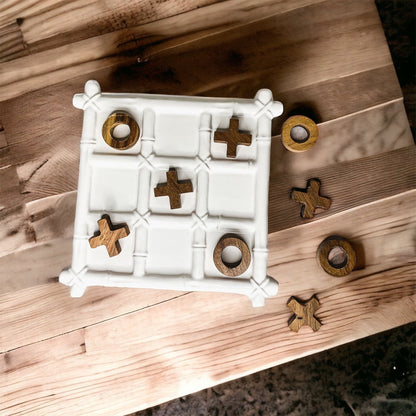 Ceramic Tic Tac Toe Game Faux Bamboo Board With Acacia Wood Pieces, Decor