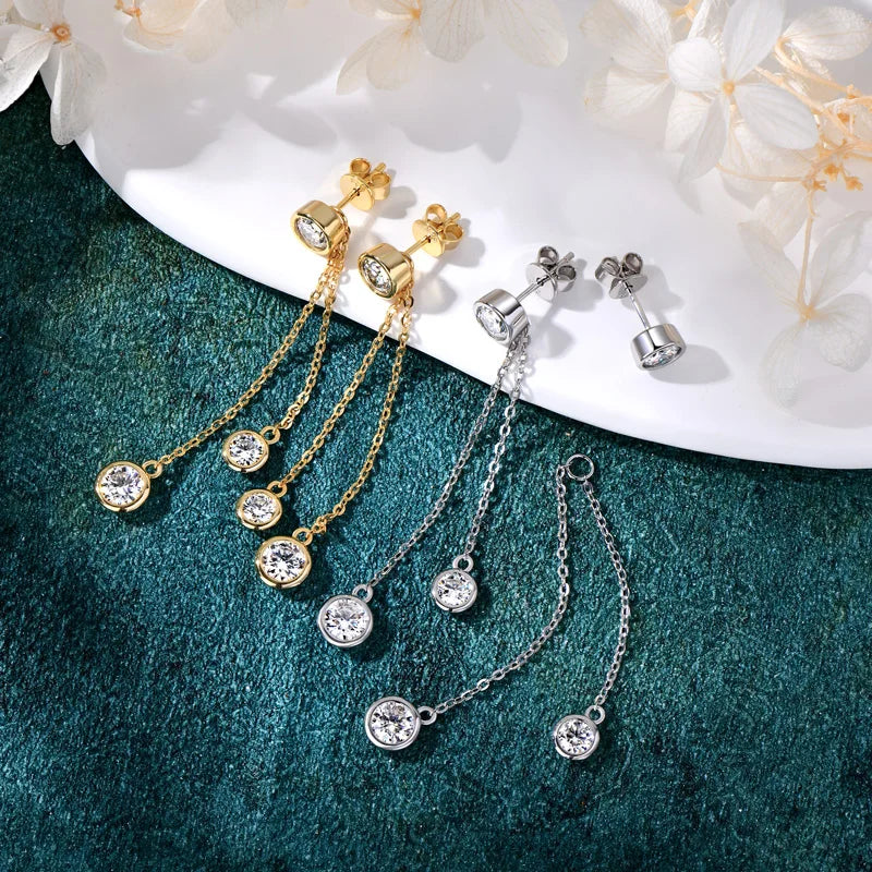 Certified Moissanite Tassel Stud Earrings 925 Sterling Silver Chain Pendant
