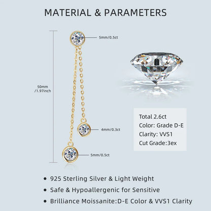 Certified Moissanite Tassel Stud Earrings 925 Sterling Silver Chain Pendant