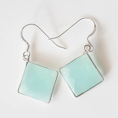 Chalcedony Square Drop Earrings Sterling Silver Hooks