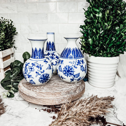 Chinoiserie Blue White Canton Vases - Hand-Painted Mediterranean Decor