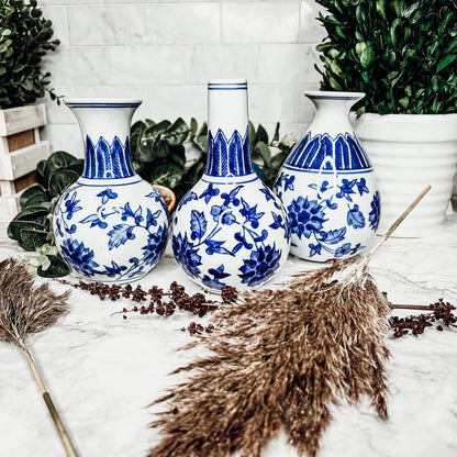 Chinoiserie Blue White Canton Vases - Hand-Painted Mediterranean Decor