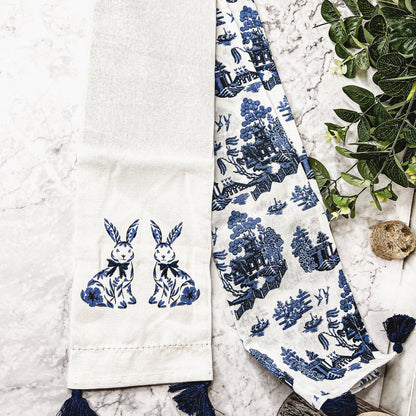 Chinoiserie Bunny Embroidered Cotton Dish Towels Oversized Tassel 17x29