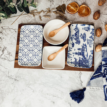 Chinoiserie Tapas Serving Set 7-Piece Porcelain Matte Blue White Acacia Tray
