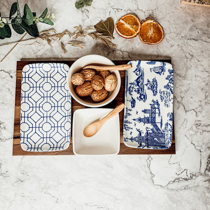 Chinoiserie Tapas Serving Set 7-Piece Porcelain Matte Blue White Acacia Tray