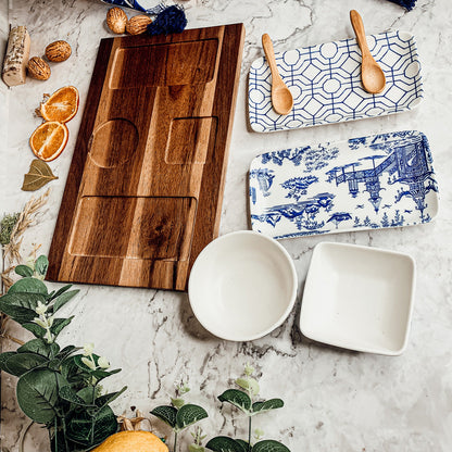 Chinoiserie Tapas Serving Set 7-Piece Porcelain Matte Blue White Acacia Tray