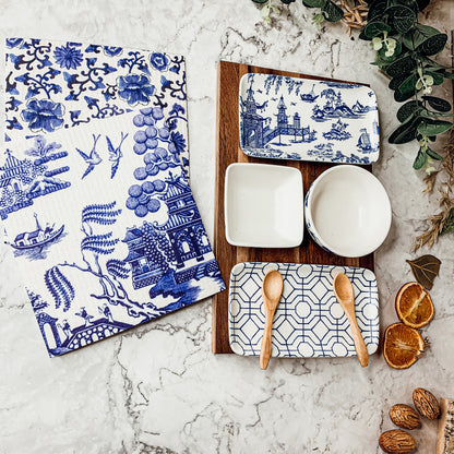 Chinoiserie Tapas Serving Set 7-Piece Porcelain Matte Blue White Acacia Tray