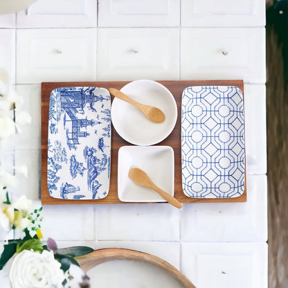 Chinoiserie Tapas Serving Set 7-Piece Porcelain Matte Blue White Acacia Tray
