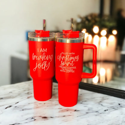 Christmas 40oz Insulated Tumbler Cup With Handle, Lid and Straw - Coffee Mug