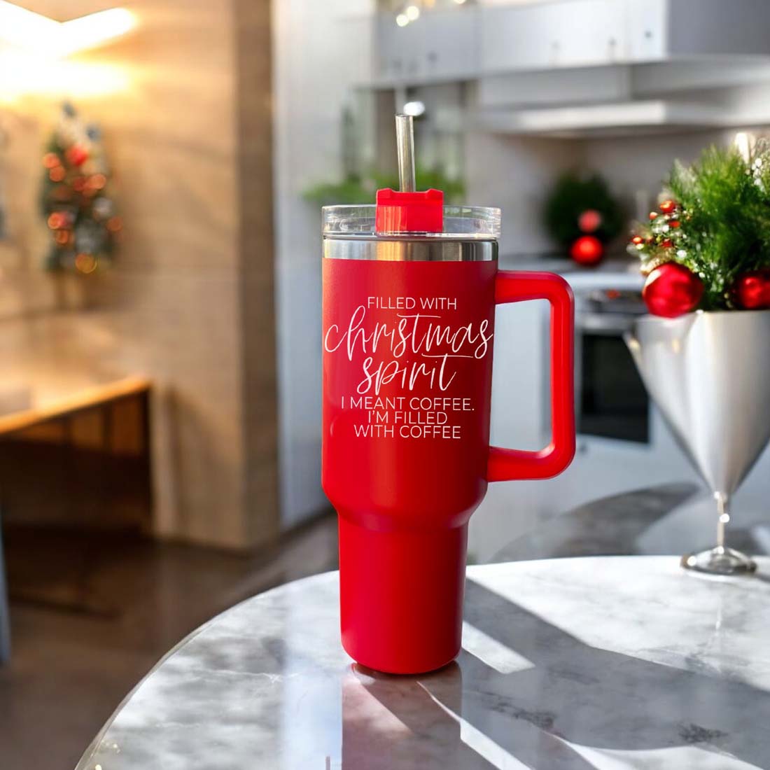 Christmas 40oz Insulated Tumbler Cup With Handle, Lid and Straw - Coffee Mug