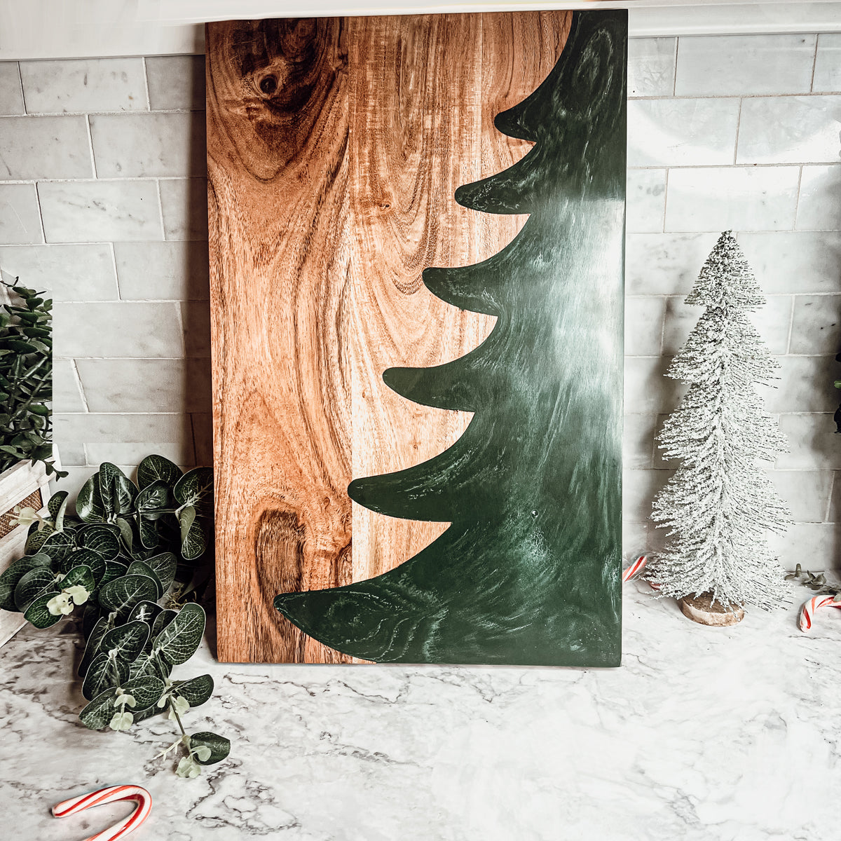 Christmas Charcuterie Serving Board Wood Resin Handcrafted Marbled Tree Inlay