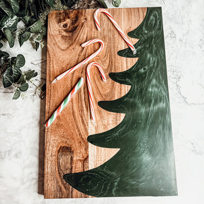 Christmas Charcuterie Serving Board Wood Resin Handcrafted Marbled Tree Inlay