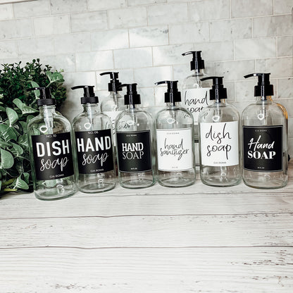 16oz Clear Glass Soap Bottle Refillable Boston Round With Black Label