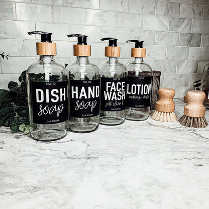 16oz Clear Glass Soap Bottle Refillable Boston Round With Black Label