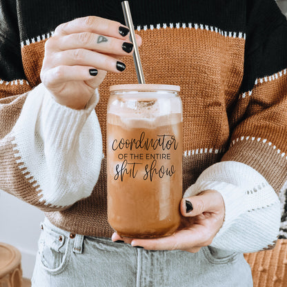 Shit Show Coordinator 17oz Glass Tumbler With Bamboo Lid, 2 Stainless Straws