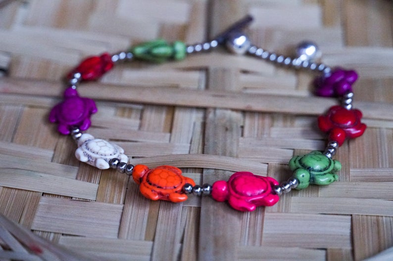 Colorful Turtle Boho Silver Anklet For Beach Summer