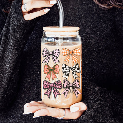 Fall Bows 20oz Glass Tumbler With Bamboo Lid, Straws And Straw Cleaner