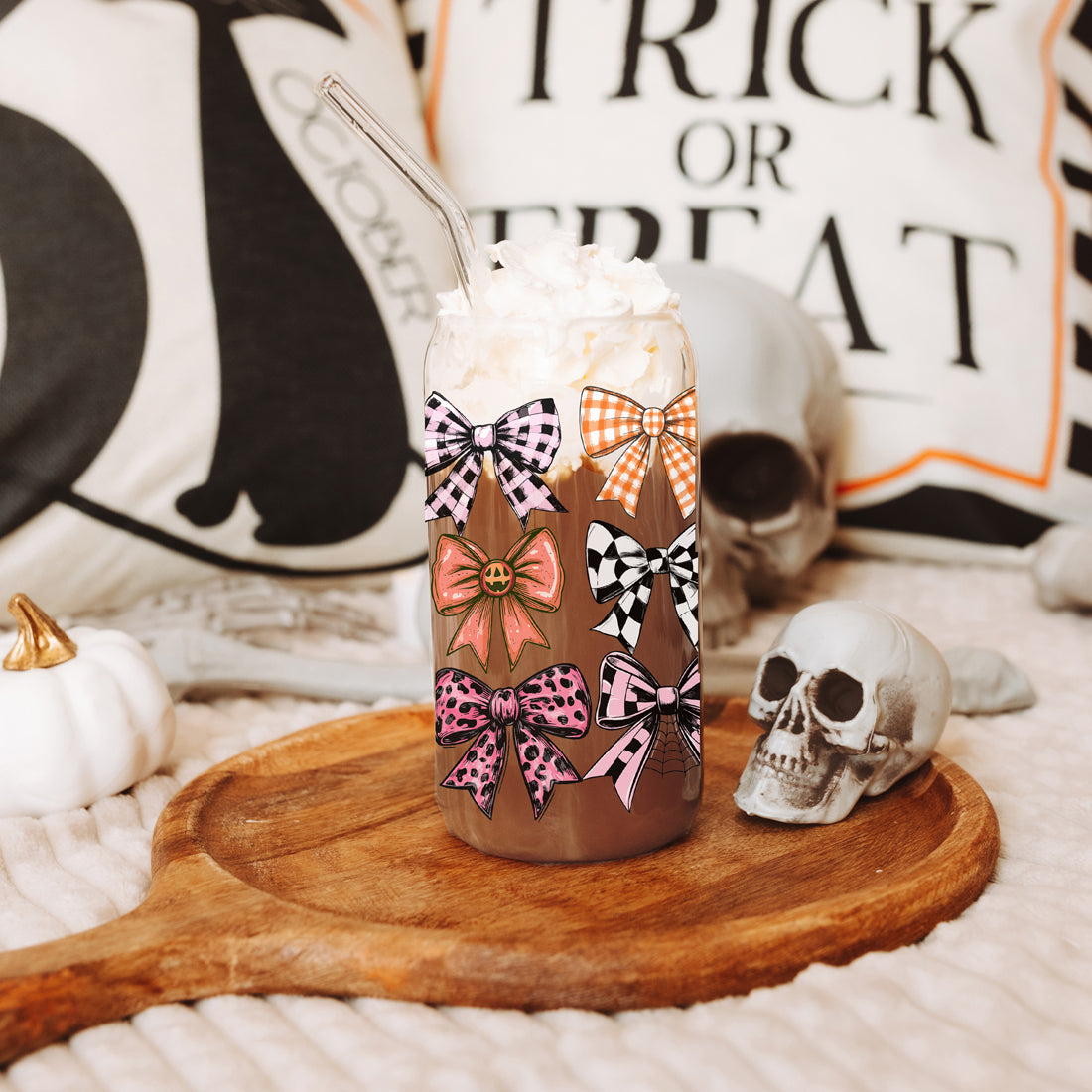Fall Bows 20oz Glass Tumbler With Bamboo Lid, Straws And Straw Cleaner