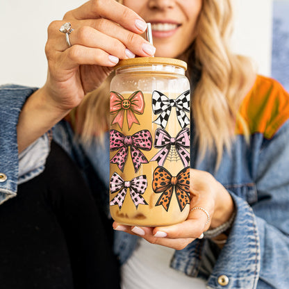 Fall Bows 20oz Glass Tumbler With Bamboo Lid, Straws And Straw Cleaner