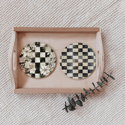 Spring Ceramic Coasters Set of 4 Courtly Check Designs Absorbent Drink Coasters for Table Protection