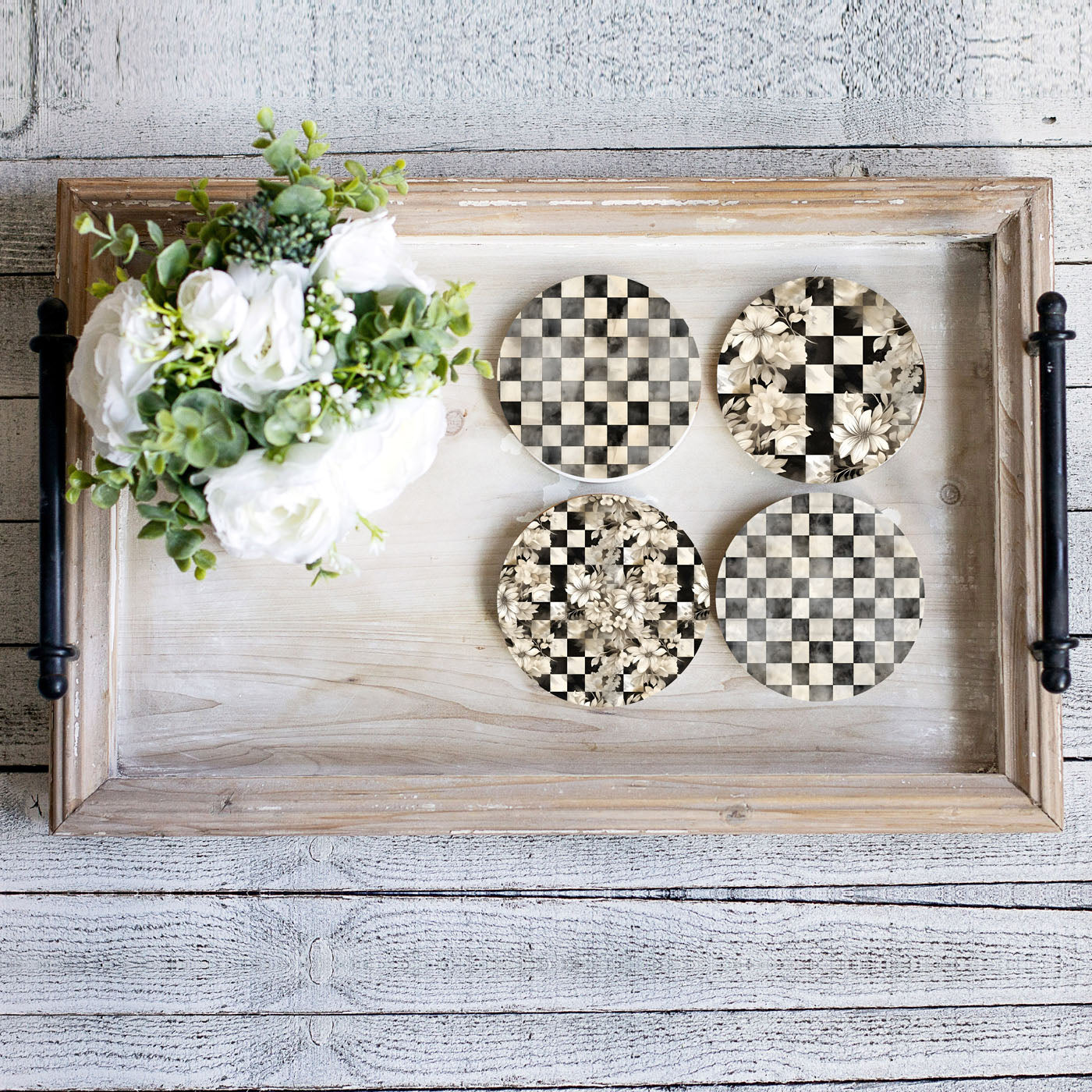 Spring Ceramic Coasters Set of 4 Courtly Check Designs Absorbent Drink Coasters for Table Protection