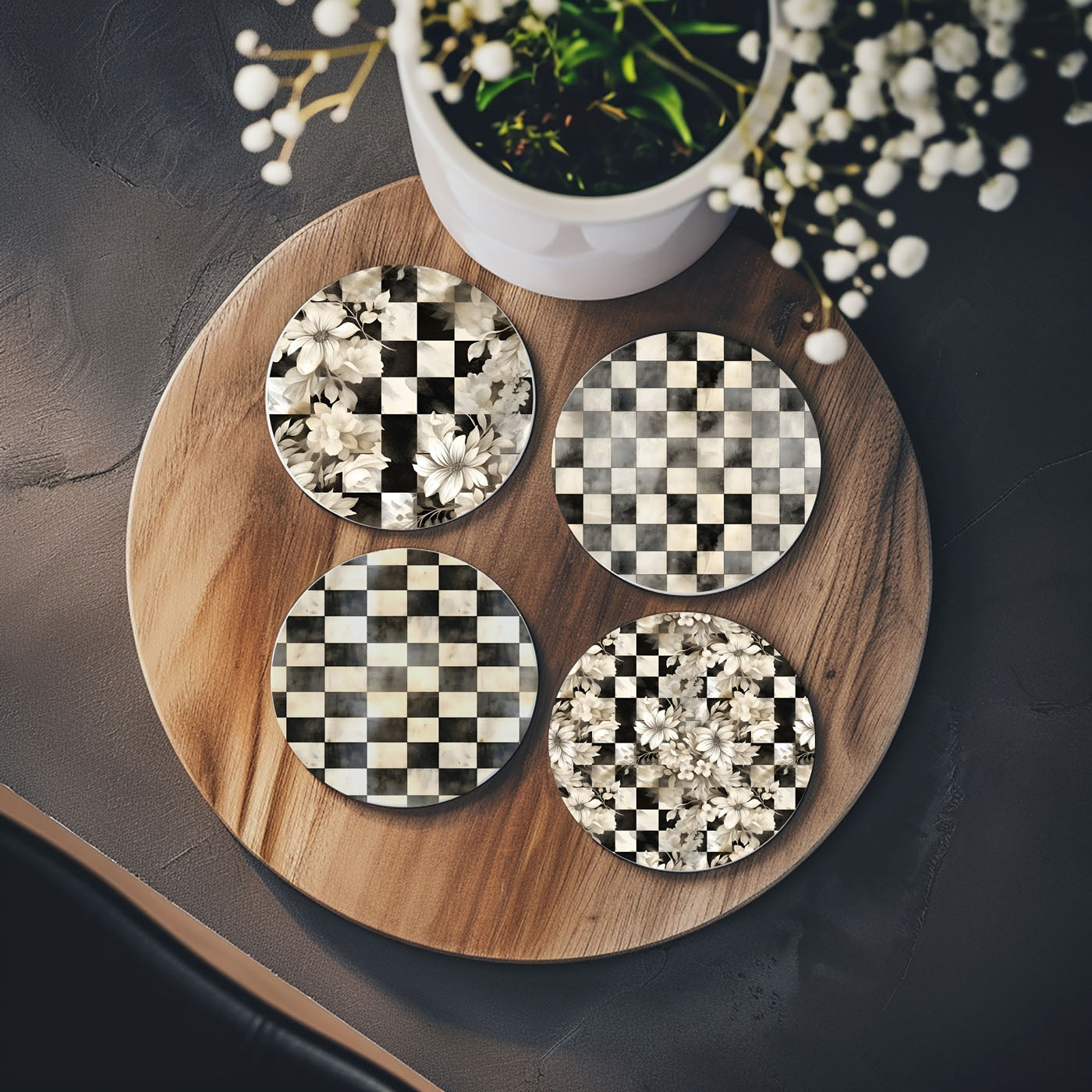 Spring Ceramic Coasters Set of 4 Courtly Check Designs Absorbent Drink Coasters for Table Protection