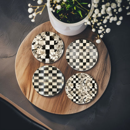 Spring Ceramic Coasters Set of 4 Courtly Check Designs Absorbent Drink Coasters for Table Protection
