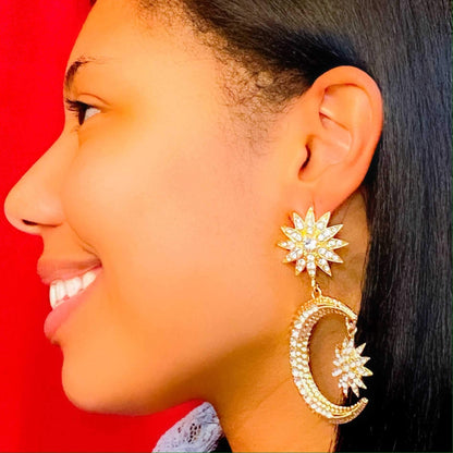 Crescent Moon Star Dangle Earrings Gold Rhinestone Statement