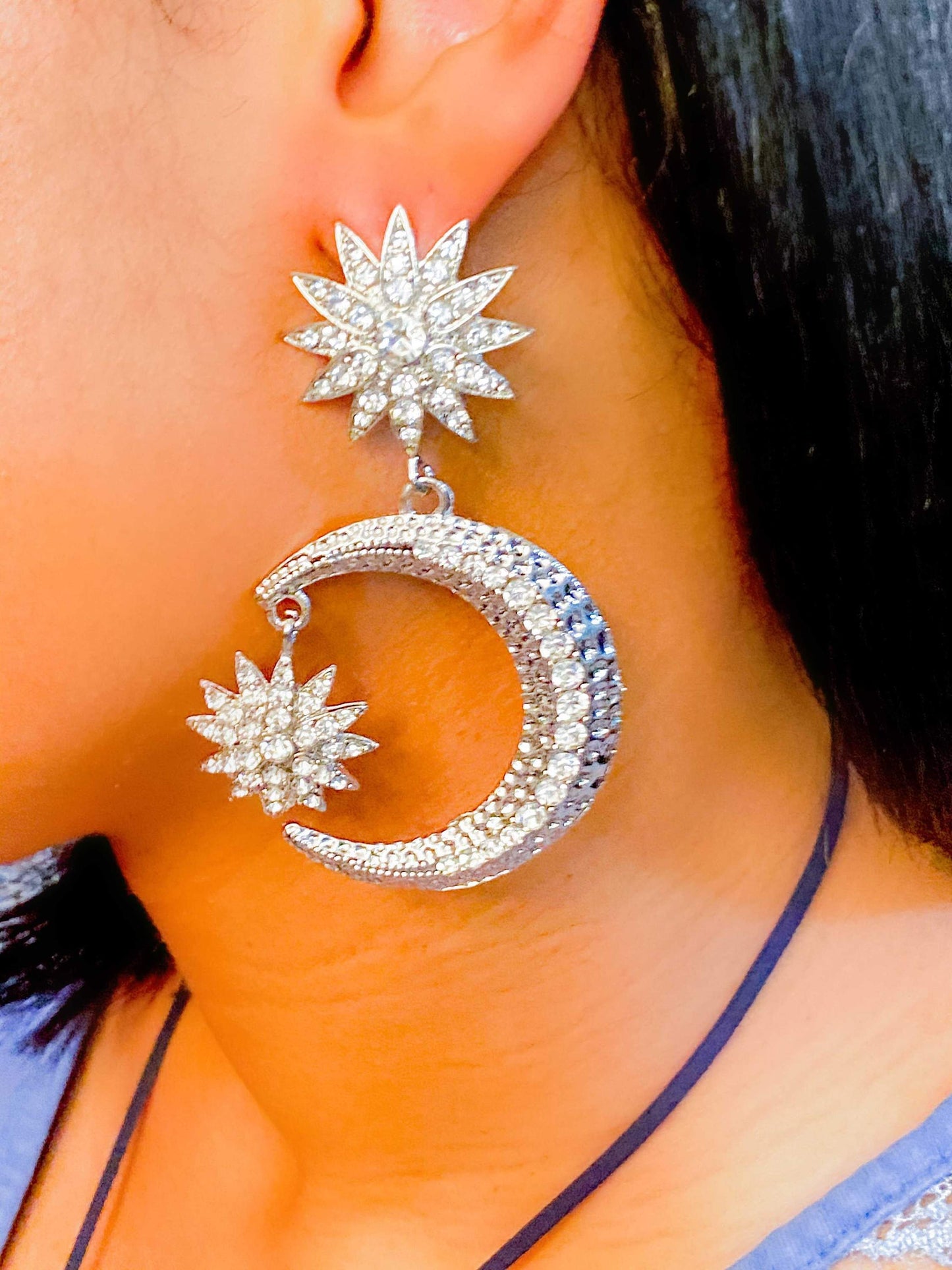 Crescent Moon Star Dangle Earrings Gold Rhinestone Statement