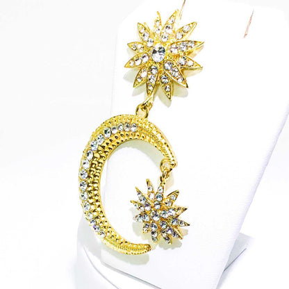 Crescent Moon Star Dangle Earrings Gold Rhinestone Statement