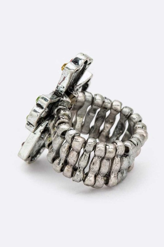Crystal Cross Fleur De Lis Stretch Ring Adjustable Faith