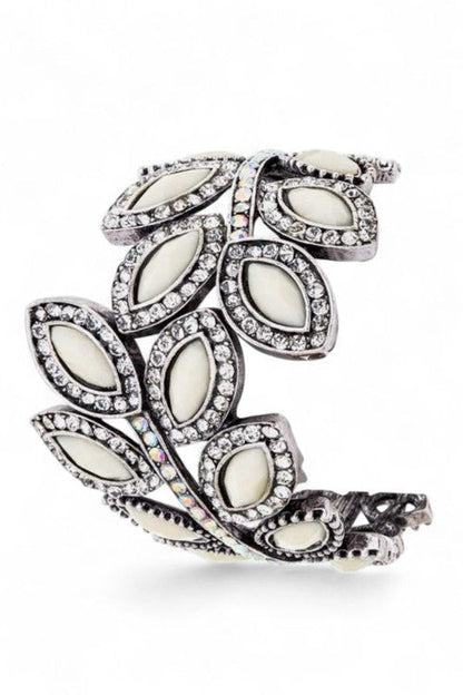 Crystal Leaf Hinged Statement Bangle Cuff Elegant Bracelet