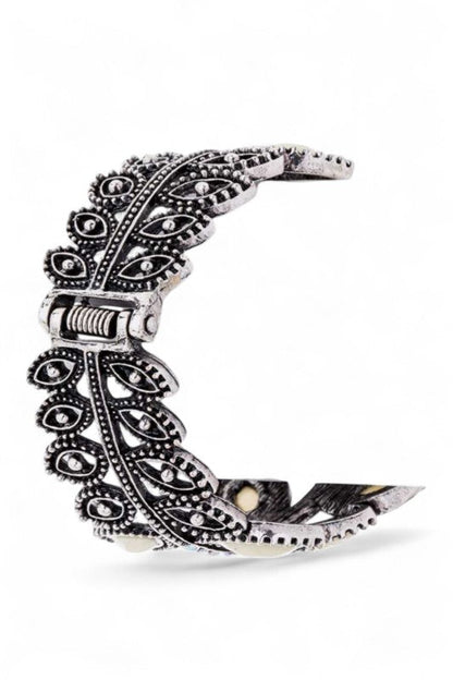 Crystal Leaf Hinged Statement Bangle Cuff Elegant Bracelet