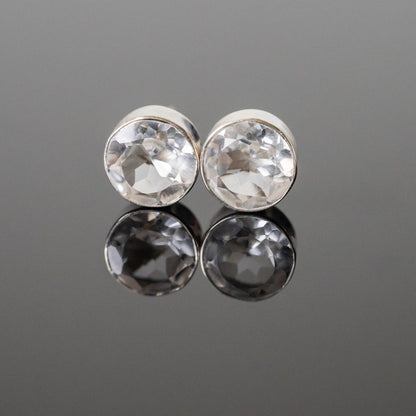Crystal Quartz 8mm Round Stud Earrings Sterling Post