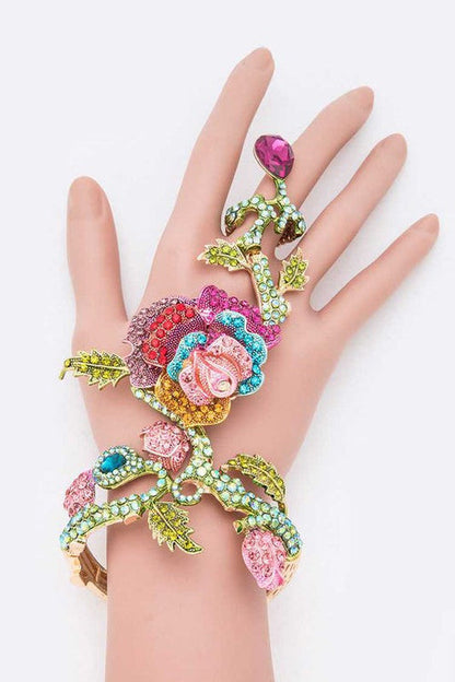 Crystal Rose Palm Hand Chain Bracelet Rhinestone Statement
