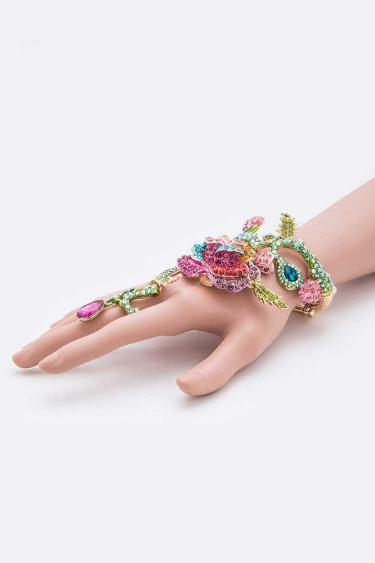 Crystal Rose Palm Hand Chain Bracelet Rhinestone Statement
