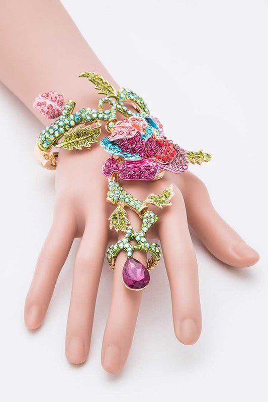 Crystal Rose Palm Hand Chain Bracelet Rhinestone Statement