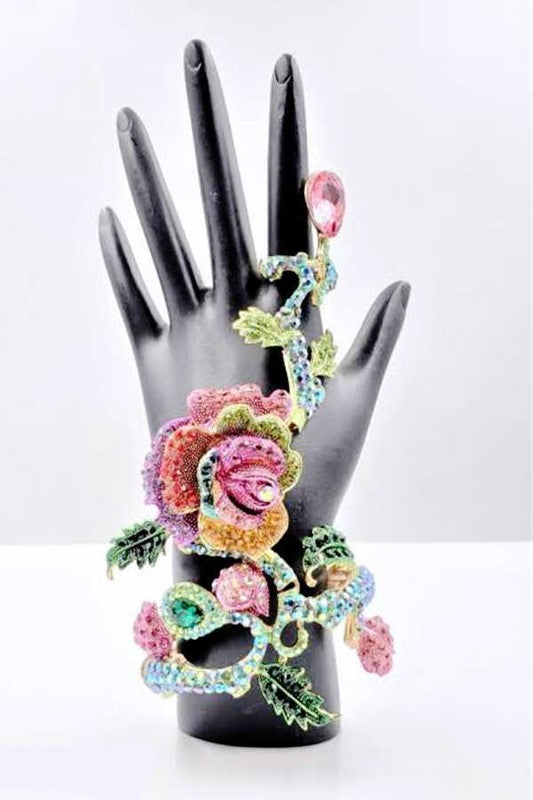 Crystal Rose Palm Hand Chain Bracelet Rhinestone Statement