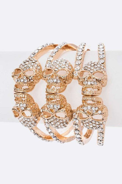 Crystal Skull Hinge Bangle Rhinestone Bracelet Gold
