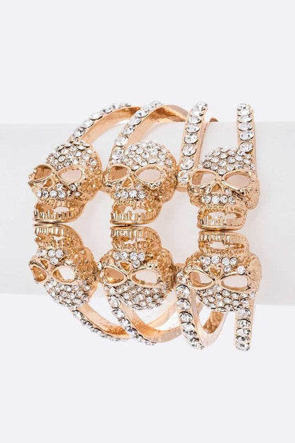 Crystal Skull Hinge Bangle Rhinestone Bracelet Gold